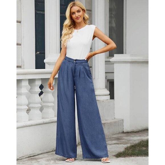 Wide Leg Pants Women Tencel High Waisted Palazzo Summer Beach Flowy - Picture 7 of 7